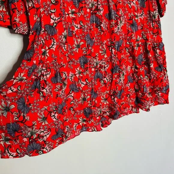 ba&sh Women's Red Floral Boho Babydoll Floral Print Smocked Mini Dress Size 2